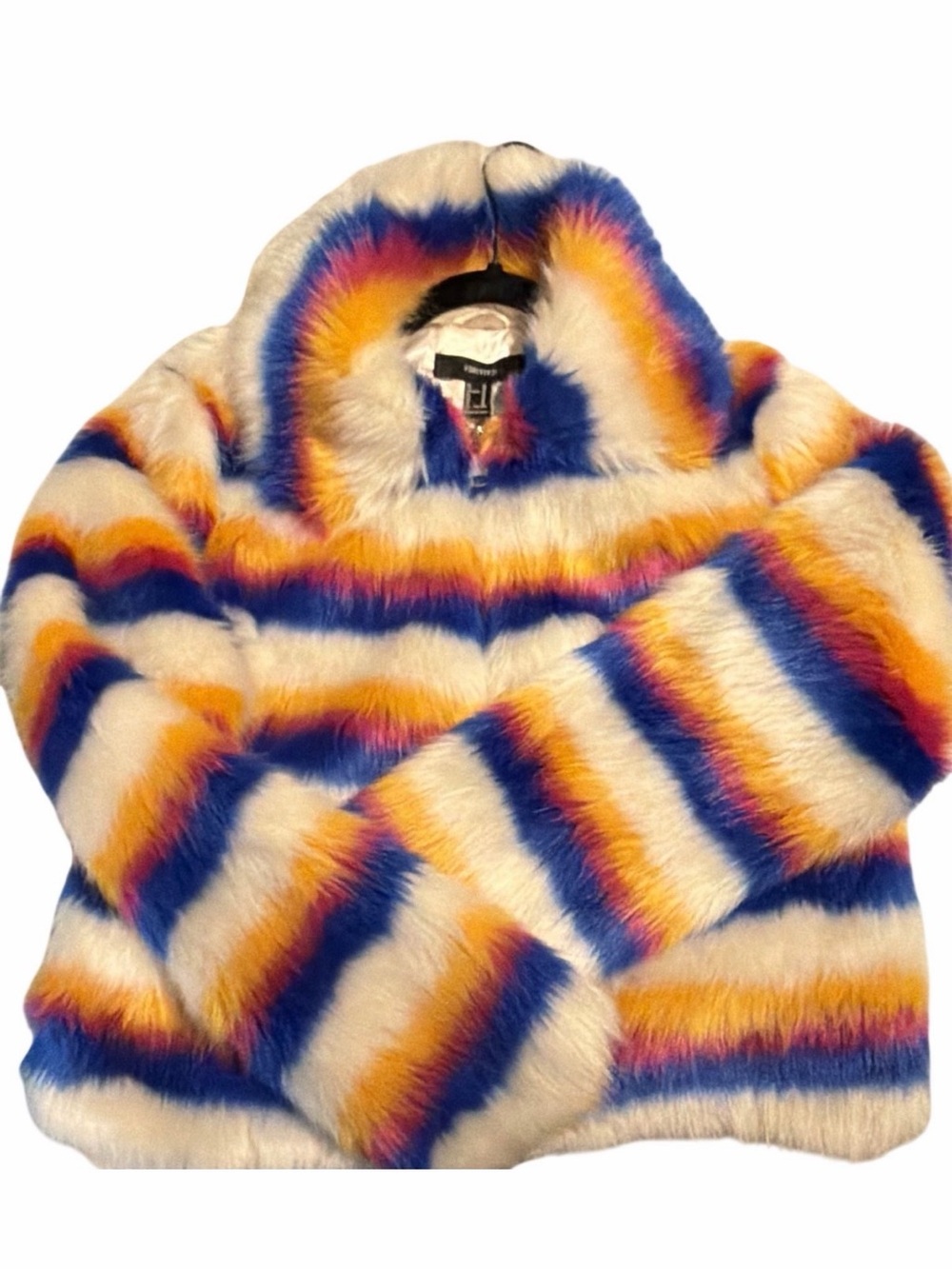 Forever 21 Multicolor Striped Faux FurJacket in Blue, Orange, Pink & Cream NWT